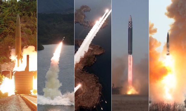 북한이 미사일 발사 장소와 방식을 다양화했다. 미사일 발사 탐지를 어렵게 하려는 의도로 보인다. (왼쪽부터)열차,저수지,골프장 호숫가,이동식 발사대,야산 땅속 등에서 미사일 발사./조선중앙통신 연합뉴스