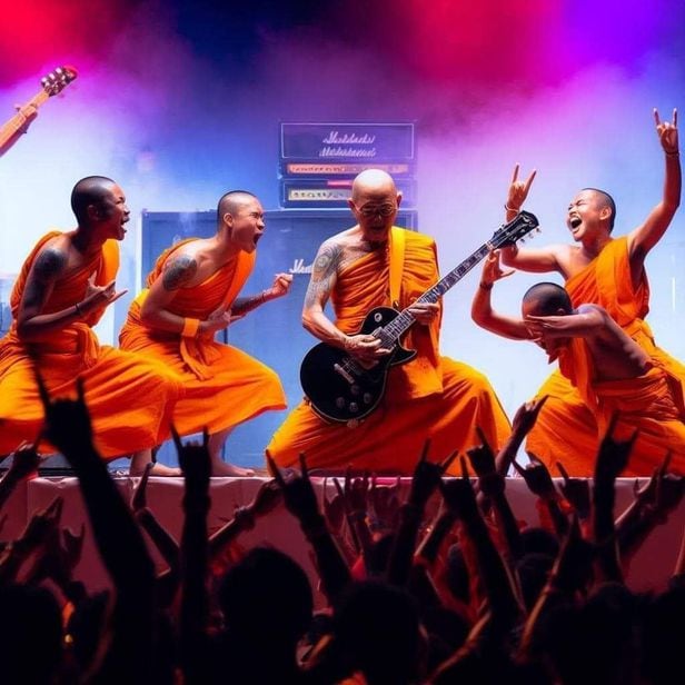 인공지능(AI)을 이용해 태국 승려들이 록 공연을 하는 모습을 만들어낸 가짜 사진. /페이스북 캡쳐
