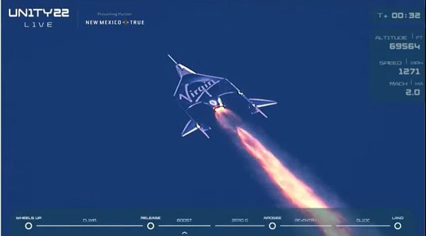 버진 갤럭틱의 유인 우주선 '유니티'가 12일 
 0시 25분(한국 시각) 항공기 모선인 '이브'에서 분리돼 우주를 향해 날아오르고 있다./버진 갤럭틱 영상 캡처
