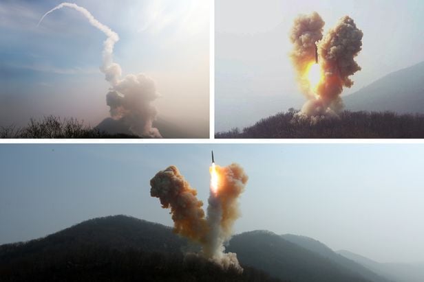 북한 단거리탄도미사일이 산속에서 V자형 불길을 내뿜으며 발사되고 있다. V자 화염은 사일로 발사의 전형적인 특징으로 분석된다. /노동신문 뉴스1