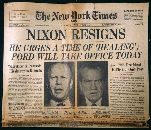 워터게이트 사건으로 리처드 닉슨 전 미국 대통령이 사임한 사실을 보도한 뉴욕타임즈 지면. /뉴욕타임즈