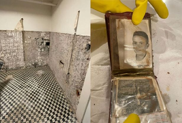 지갑이 발견된 화장실 공사 현장(왼쪽)과 지갑 안에 들어있던 사진./CNN