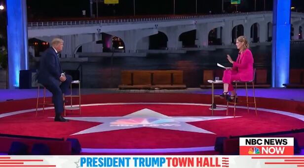 미 NBC 방송이 개최한 15일(현지 시각) 타운홀 미팅에서 대화하고 있는 도널드 트럼프(왼쪽) 미국 대통령과 NBC 앵커 서배너 거스리. /NBC