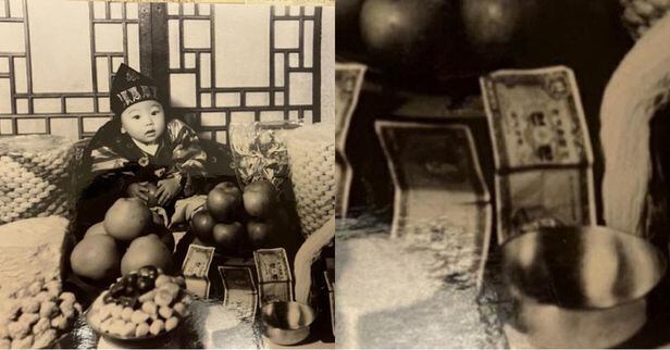 국민의힘 윤석열 대선 후보가 과거 소셜미디어에 공개한 돌잔치 사진. 오른쪽은 화폐 부분만 확대한 모습. /인스타그램