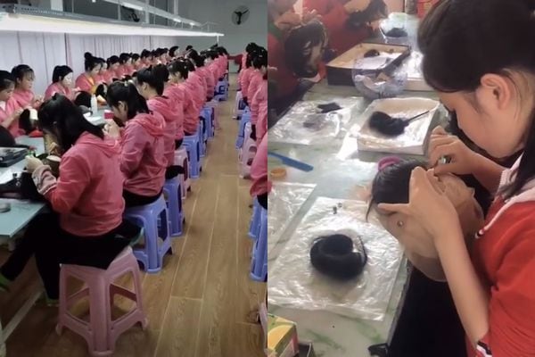 북한의 가발공장이 중국 가발 회사에 보낸 영상에서 여공들이 가발을 만들고 있다./더우인(중국판 틱톡)