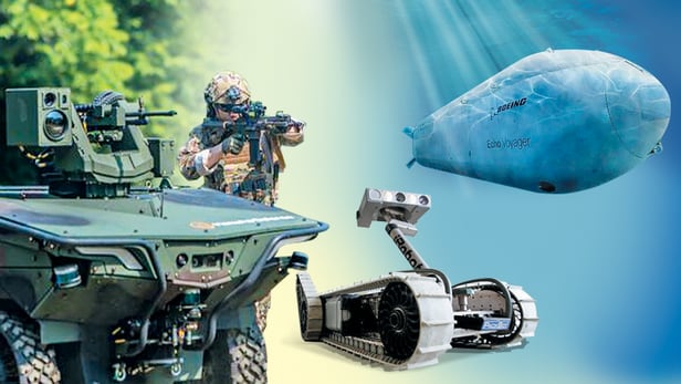 한화의 다목적 무인차량 아리온스멧(왼쪽), 이스라엘 땅굴탐지 로봇(가운데), 미 보잉의 초대형 무인잠수정 에코 보이저(오른쪽). /그래픽=양인성